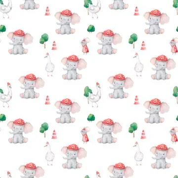 Cute elephant pattern. Seamless background with pink elephant cartoon charact Stock Illustration