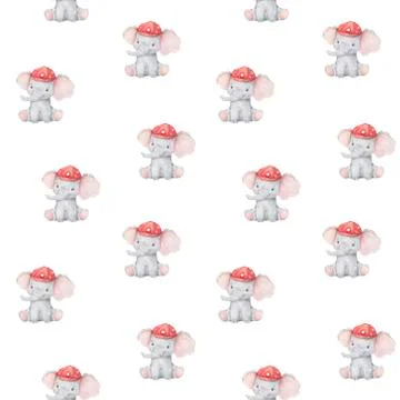 Cute elephant pattern. Seamless background with pink elephant cartoon charact Stock Illustration