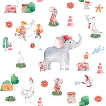 Cute elephant pattern. Seamless background with pink elephant cartoon charact Stock Illustration
