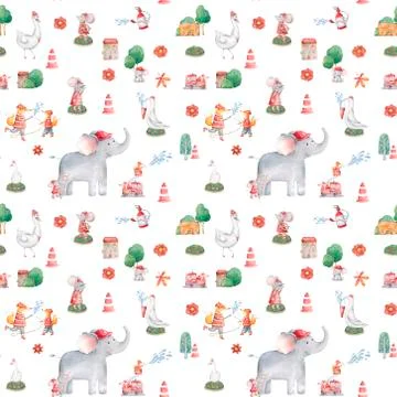 Cute elephant pattern. Seamless background with pink elephant cartoon charact Stock Illustration