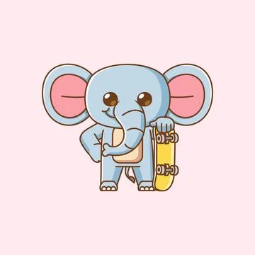 Cute elephant Playing Skateboard pose animal kawaii chibi character mascot Stock Illustration