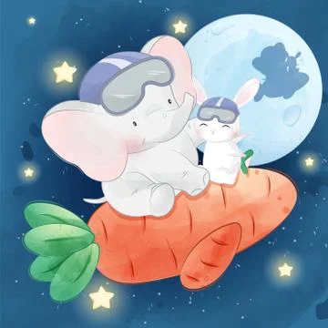 Cute elephant with rabbit illustration 스톡 일러스트