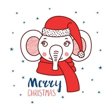 Cute elephant in a Santa hat Stock Illustration