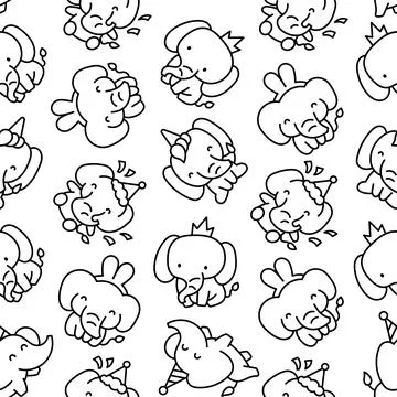 Cute elephant. Seamless pattern. Coloring Page. Stock Illustration