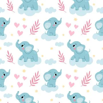 Cute elephant seamless pattern. Repeated little animals, baby funny cartoon Stock Illustration