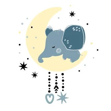 Cute elephant sleeping on the moon Stock Illustration