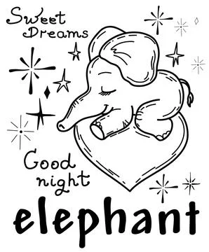 Cute elephant sleeps on a cloud hand drawn on the theme of sleep doodle Stock Illustration