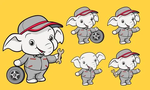 Cute elephant worker cartoon mascot character Stock Illustration