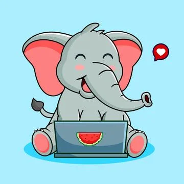 Cute Elephant Working on Laptop Vector Illustration Kawaii Animal Stock Illustration