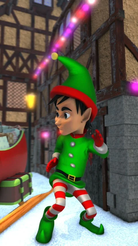 Cute elf dancing next to santa´sleight in a Christmas village. Seamless funny Vidéo 320266948