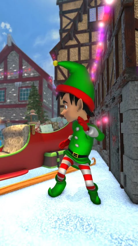 Cute elf dancing next to santa´sleight in a Christmas village. Seamless funny Video stock 320267173