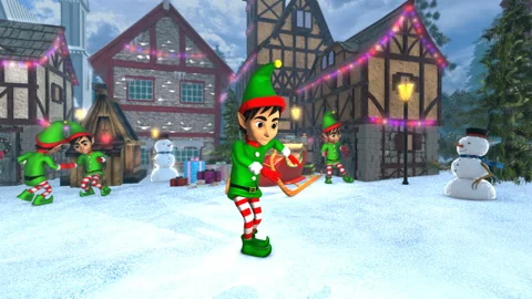 Cute elf dancing salsa in a Christmas village. Seamless funny Christmas Stock Footage 97716653
