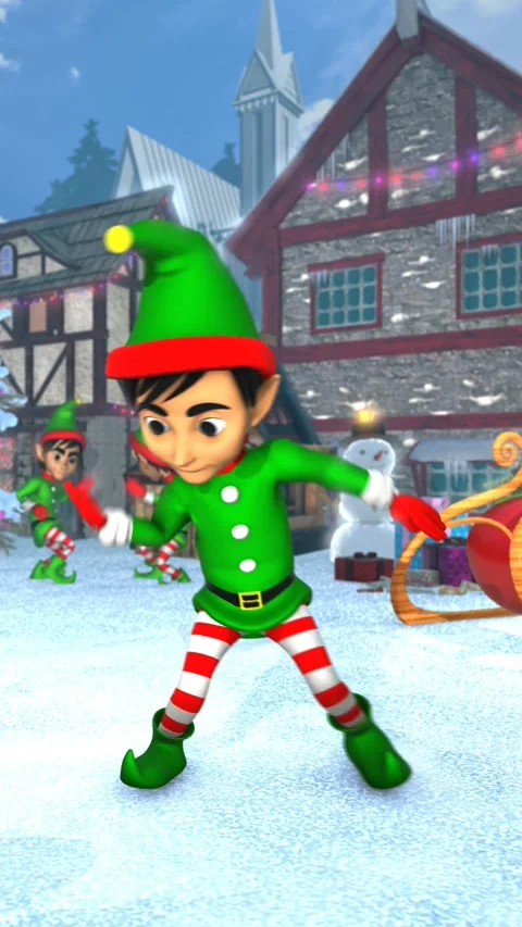 Cute elf dancing salsa in a Christmas village. Seamless funny Christmas Video stock 320266736