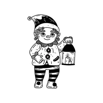 Cute elf with lantern in retro style Stock Illustration