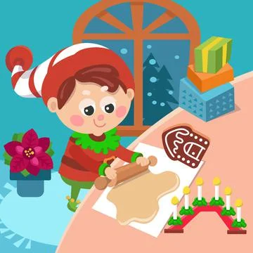 Cute elf rolls out dough, prepares christmas cake, character in cartoon style Illustrazione stock