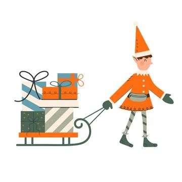 Cute elf with sleigh full of gift boxes and presents Stock Illustration