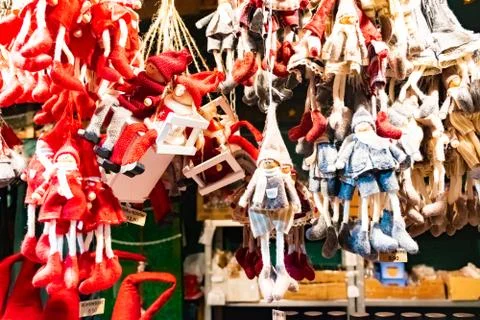 Cute elf toys being sold at traditional christmas markets in charming Christm Stock Photos