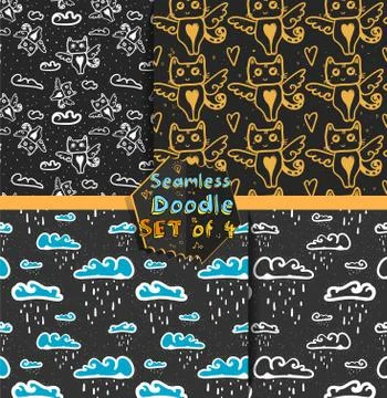 Cute endless patterns with cats and clouds. Stock Illustration