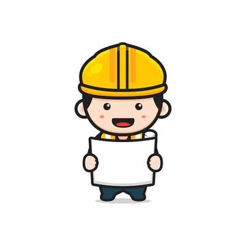 Cute engineer architect holding paper sketch cartoon icon illustration Stock Illustration