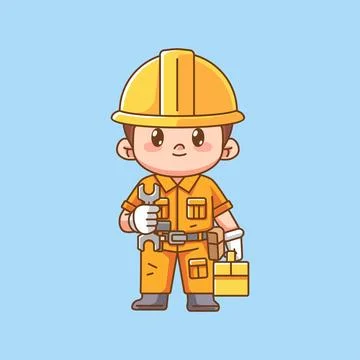 Cute engineer confident with tool at workshop kawaii chibi character mascot Stockillustratie