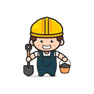 Cute engineer construction worker holding shovel and cement cartoon icon il.. Stock Illustration