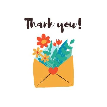 Cute envelope with flowers, plants inside and phrase thank you Illustrazione stock