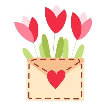 Cute envelope with flowers, plants inside and sending love lettering. Spring Stock Illustration