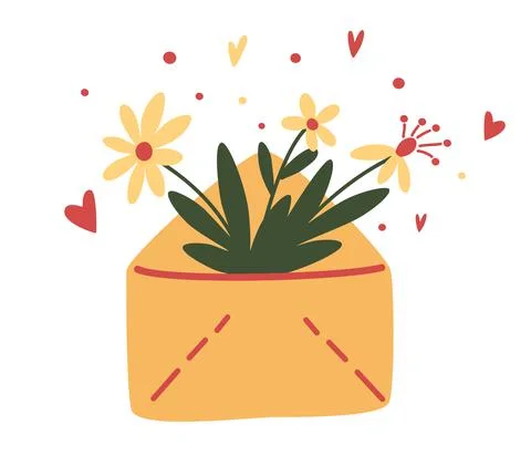 Cute envelope with flowers, plants inside. Floral mail. Spring flowers bouque Stock Illustration