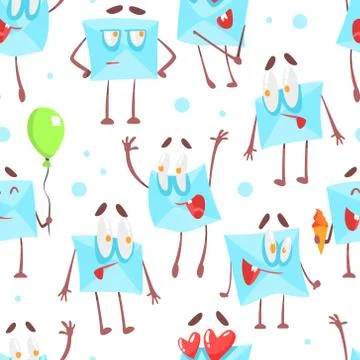 Cute Envelopes Characters Seamless Pattern, Funny Mail Letters with Various Stock-Illustration