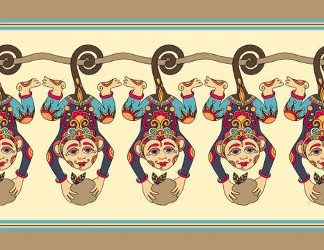 Cute ethnic hang monkey seamless ribbon pattern 库存插图
