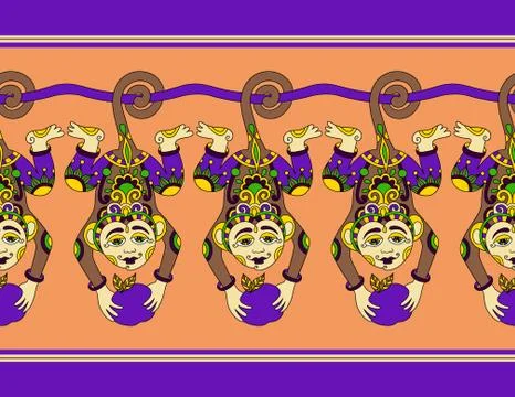 Cute ethnic hang monkey seamless ribbon pattern with a tropical 库存插图