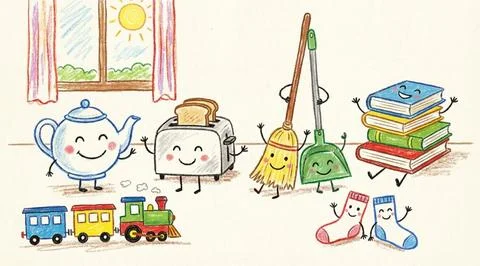 Cute everyday objects with happy faces, whimsical illustration for children Stock Illustration
