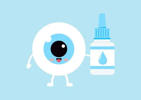 Cute eyeball with eye drop liquid bottle isolated on background. Stock Illustration