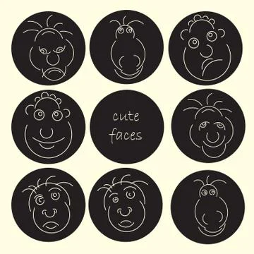 Cute faces abstract avatar set. Funny humor character collection. Vector il.. Stock Illustration