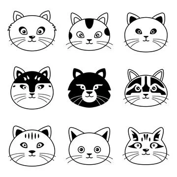 Cute faces of cats. Collection of different cats in simple linear style Stock Illustration