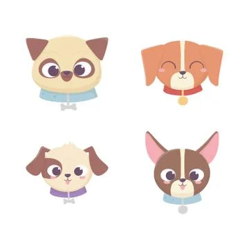 Cute faces dog different pedigree domestic cartoon animal, collection pets Stock Illustration