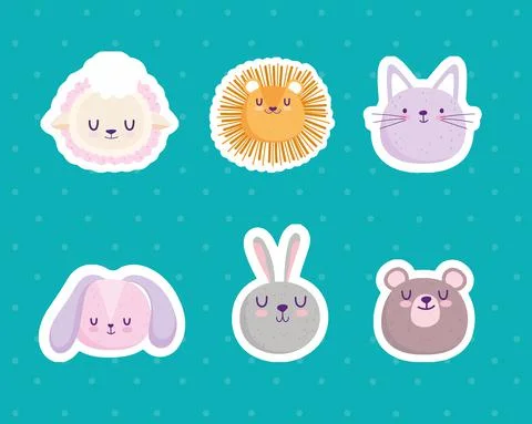 Cute faces lion rabbit bear sheep cat cartoon stickers Stock Illustration