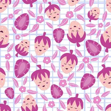 Cute faces strawberry checkered seamless pattern in purple color, childish Stock Illustration