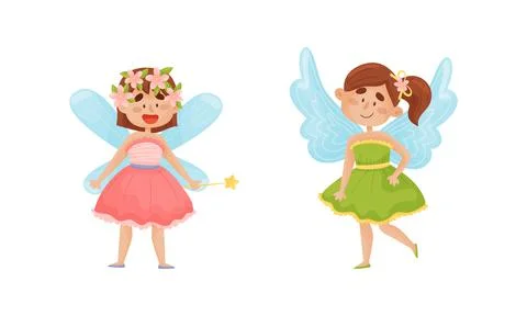 Cute Fairy or Pixie with Etherial Wings and Magic Wand Vector Set Stock Illustration