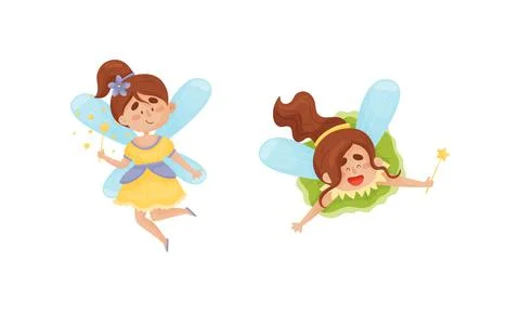 Cute Fairy or Pixie with Etherial Wings and Magic Wand Vector Set Stock Illustration