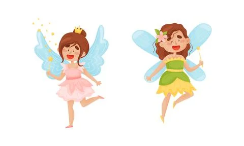 Cute Fairy or Pixie with Etherial Wings and Magic Wand Vector Set 스톡 일러스트