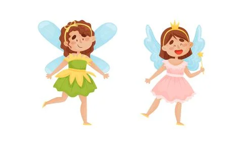 Cute Fairy or Pixie with Etherial Wings and Magic Wand Vector Set Stock Illustration