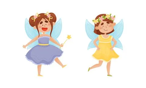 Cute Fairy or Pixie with Etherial Wings and Magic Wand Vector Set 스톡 일러스트