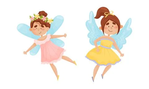 Cute Fairy or Pixie with Etherial Wings and Flower Wreath Vector Set 스톡 일러스트