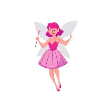 Cute fairy or pixie with magic wand, pink hair and dress, cartoon flat vector Stock Illustration