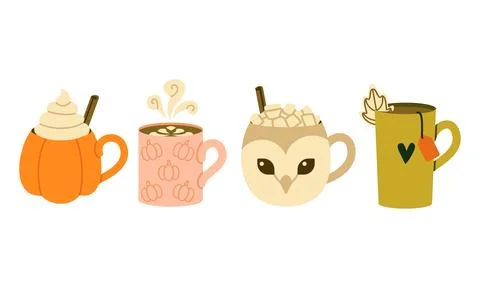 Cute Fall Beverage Ceramic Mug Set Flat Illustration on White Background Stock Illustration