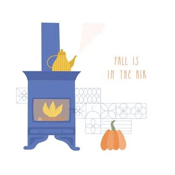 Cute fall cozy fireplace with boiling teapot vector illustration. Cozy interior Stock Illustration