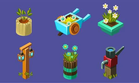 Cute Fantasy Landscape Elements Set, User Interface Assets for Mobile App or 库存插图