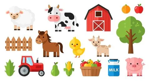 Cute Farm Animals and Elements Collection: Sheep, Cow, Horse, Pig, Chicken,.. Stock Illustration