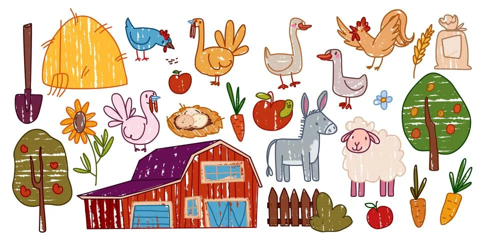 Cute farm animals and objects isolated on white Stock Illustration